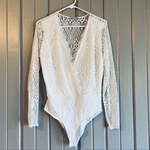 Women’s White Deep Plunge Lace Jumpsuit/Onesie